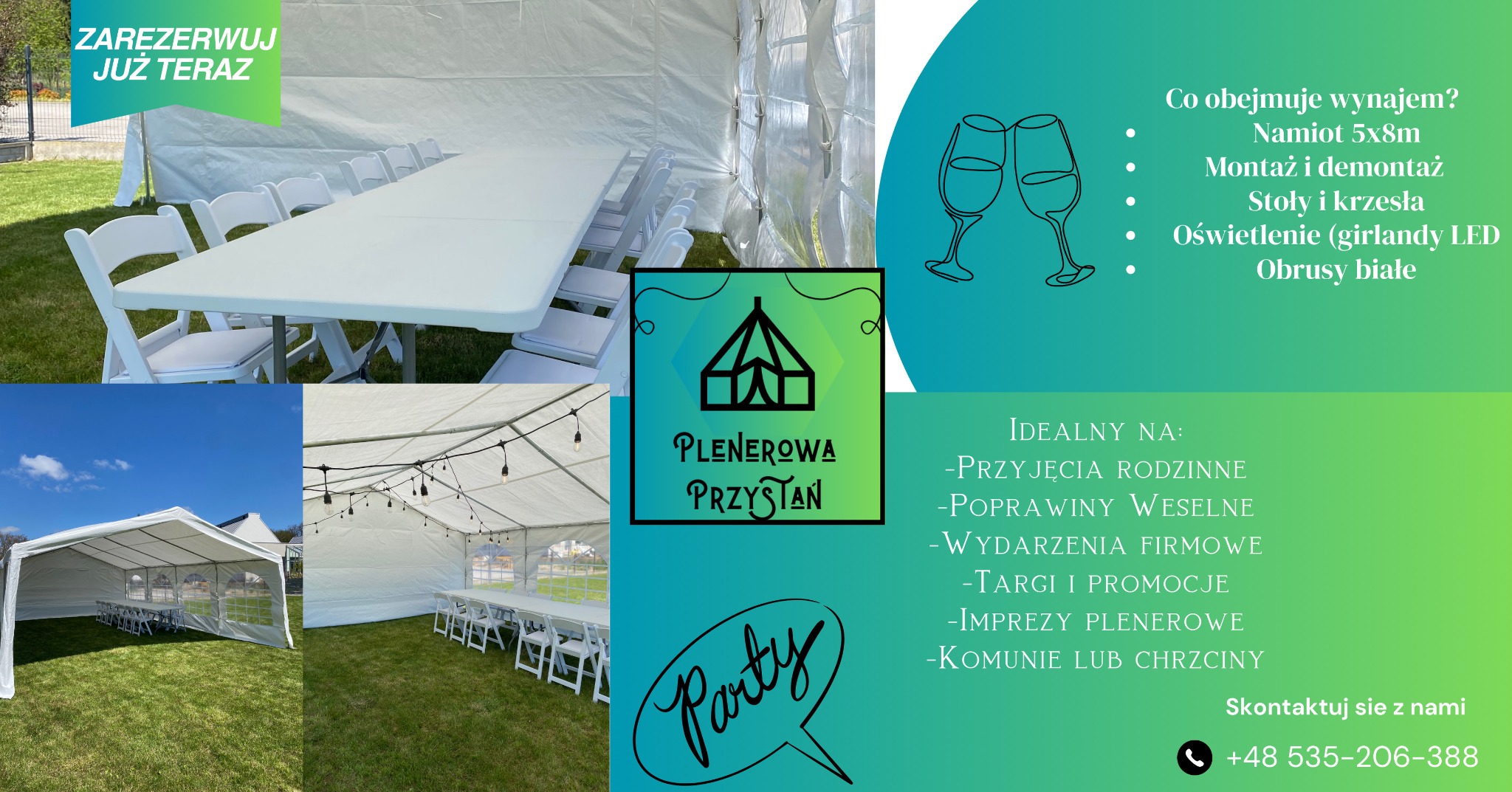Biały namiot plenerowy z wyposażeniem: stoły, krzesła, oświetlenie girlandami. Idealny na przyjęcia rodzinne, wesela, imprezy firmowe, targi.