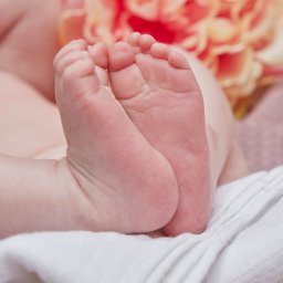 Anna Stankiewicz - Delikatne stópki niemowlęcia, skierowane ku górze, na tle rozmytych kwiatów w pastelowych odcieniach, na miękkim, białym kocyku w wiklinowym koszu.