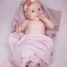 Niemowlę z opaską z kwiatami, owinięte w r&oacute;żowy kocyk, leży na białym tle. Dziecko ssie palec, patrzy w g&oacute;rę, delikatne oświetlenie.