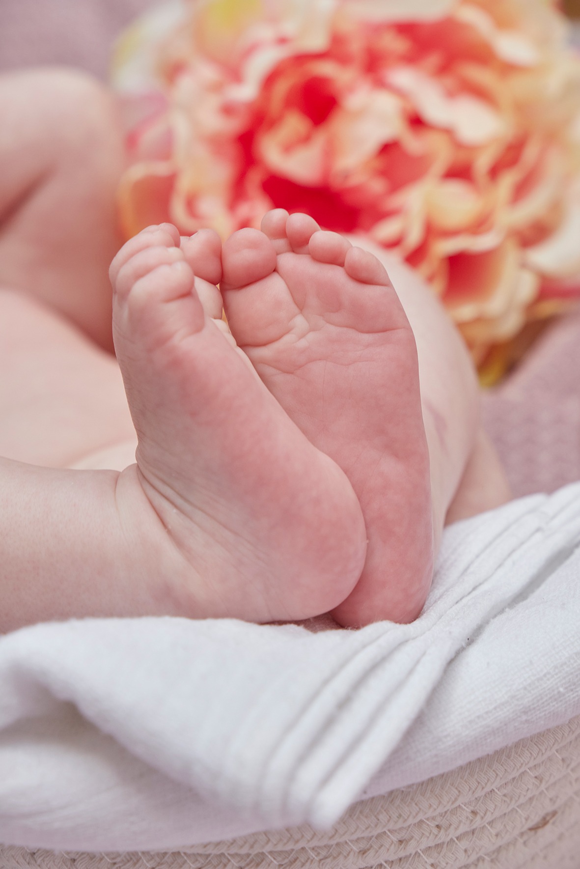 Delikatne stópki niemowlęcia, skierowane ku górze, na tle rozmytych kwiatów w pastelowych odcieniach, na miękkim, białym kocyku w wiklinowym koszu.