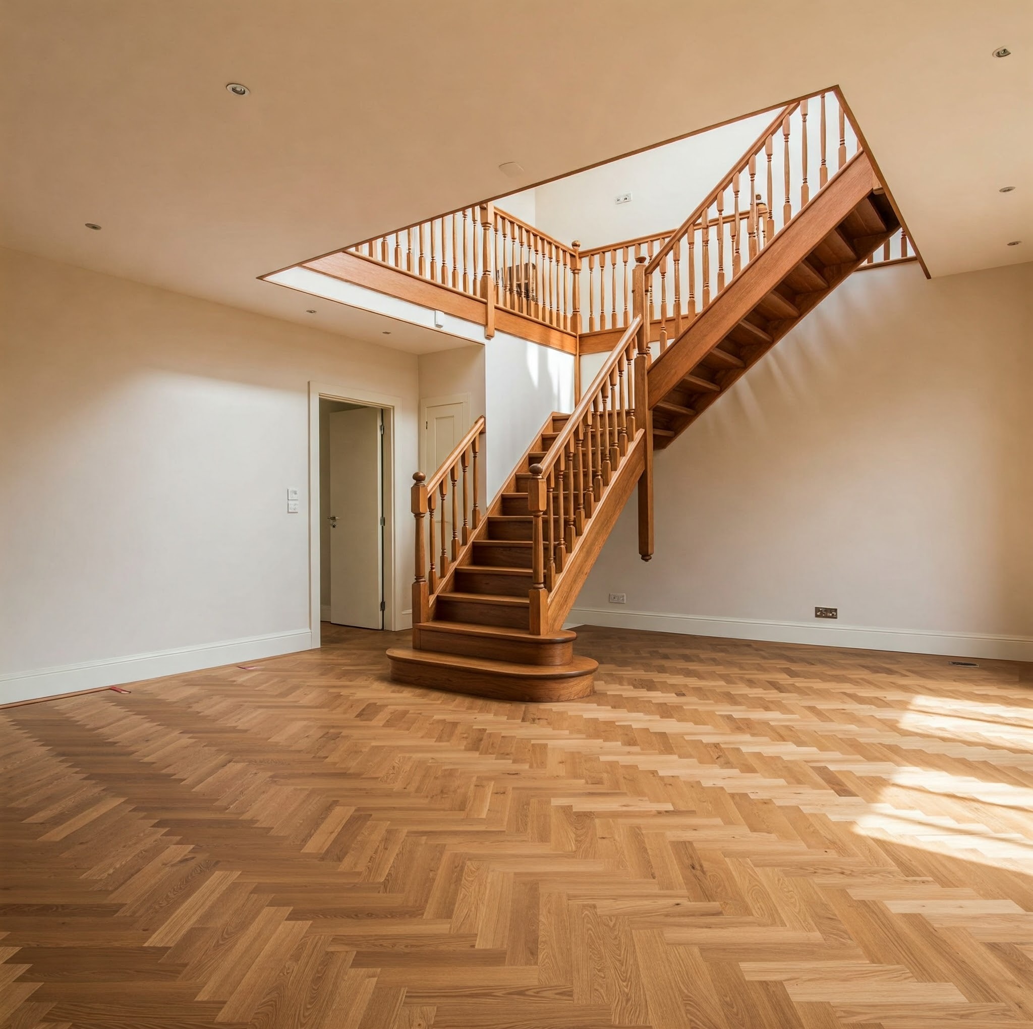 Jasny parkiet ułożony w jodełkę i drewniane schody z balustradą w przestronnym, jasnym wnętrzu. Widoczne gniazdka elektryczne i listwy przypodłogowe.