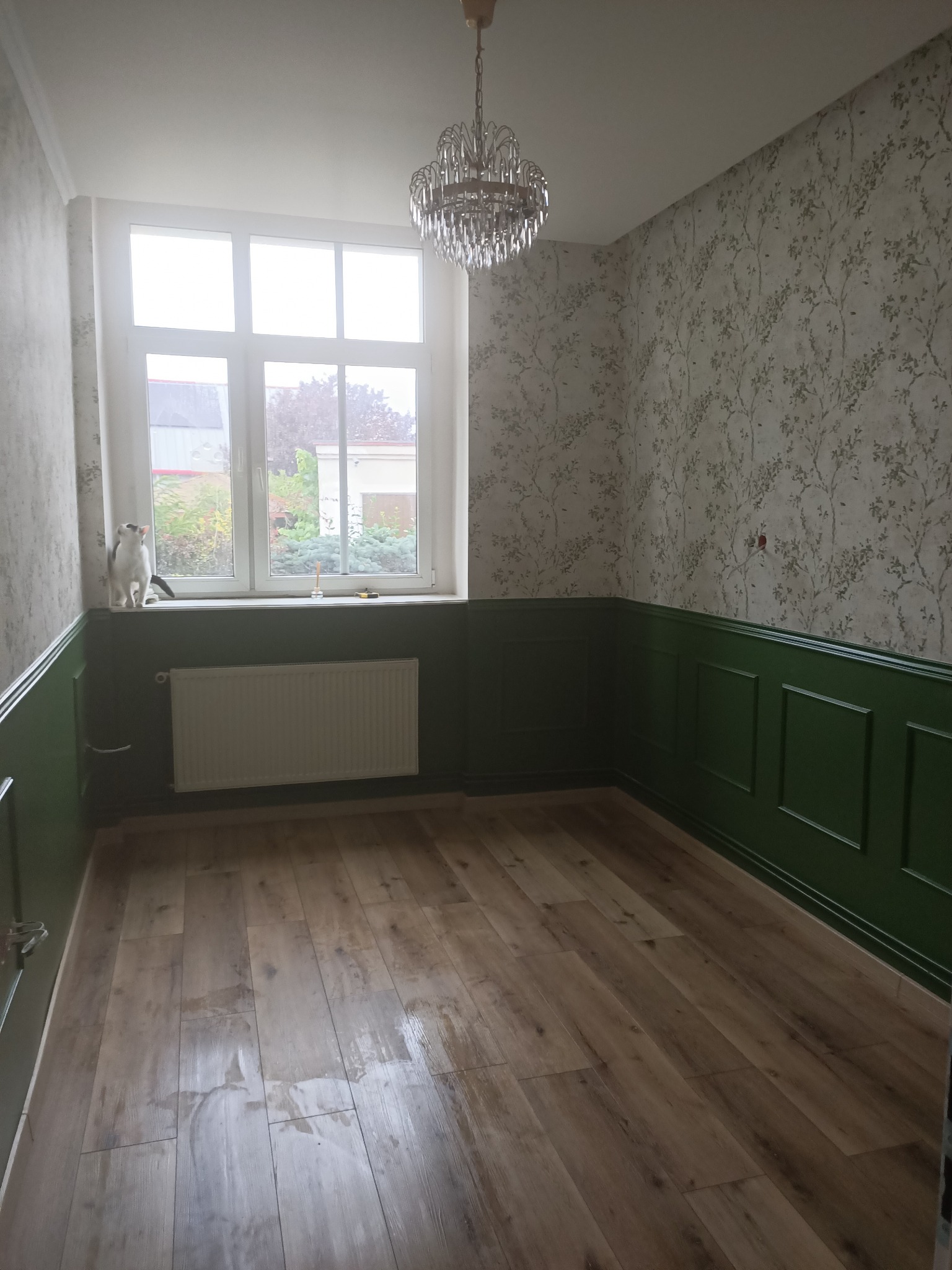 Pokój po remoncie: drewnopodobne panele, ściany z tapetą w roślinny wzór, lamperia w kolorze butelkowej zieleni. Kot na parapecie obserwuje otoczenie.