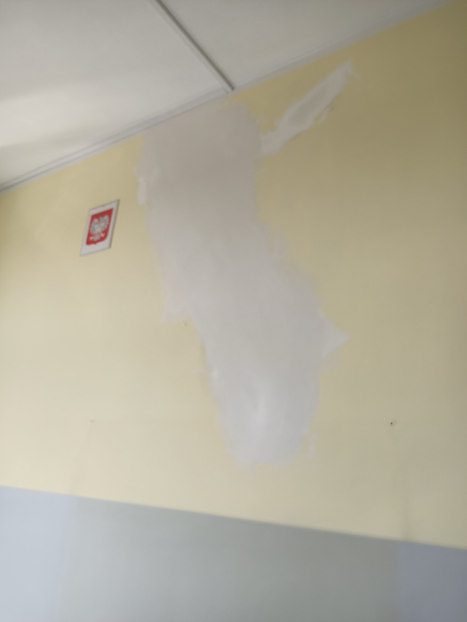 Żółta ściana z nałożoną warstwą białej gładzi, widoczny fragment sufitu i godło Polski w ramce. Etap prac przygotowawczych do malowania.