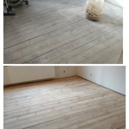Renesans drewna - Zdjęcie typu 'przed i po' prezentujące renowację drewnianej podłogi. Na górze surowe, szare deski, obok odkurzacz i worek pyłu. Na dole odnowiona, jasna podłoga.