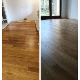 Renesans drewna - Parkiet dębowy po renowacji na podłodze w pokoju. Po lewej stronie widoczny stan przed, po prawej po zabiegu. Widoczne różnice w kolorze i połysku.