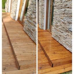 Renesans drewna - Impregnacja desek tarasowych w Poznaniu, efekt przed i po. Jasne drewno po lewej, po prawej deski po olejowaniu, z widoczną strukturą drewna i kamienną elewacją.