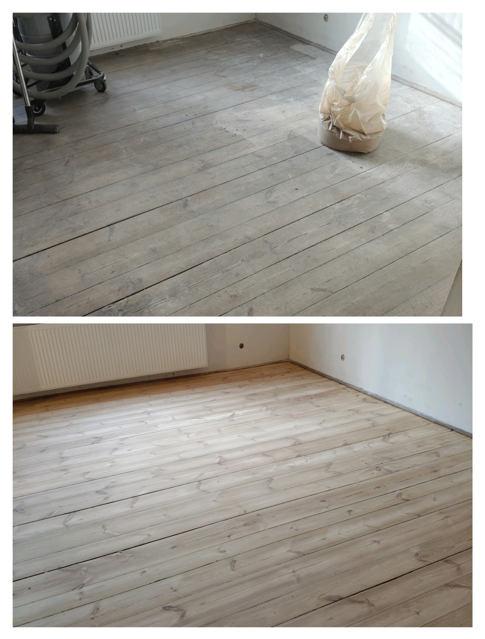 Zdjęcie typu 'przed i po' prezentujące renowację drewnianej podłogi. Na górze surowe, szare deski, obok odkurzacz i worek pyłu. Na dole odnowiona, jasna podłoga.