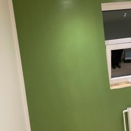 MADO Mateusz Dowejko - Ściana pomalowana na zielono z białymi listwami przypodłogowymi i oknem. Widoczny fragment białej ściany i grzejnika. W oknie odbicie osoby.