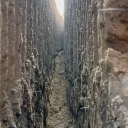 Wąski wykop w ziemi, widok z dołu w górę, ściany wykopu z wyraźną strukturą gleby, na dnie gruz i piasek, w oddali widoczne światło.