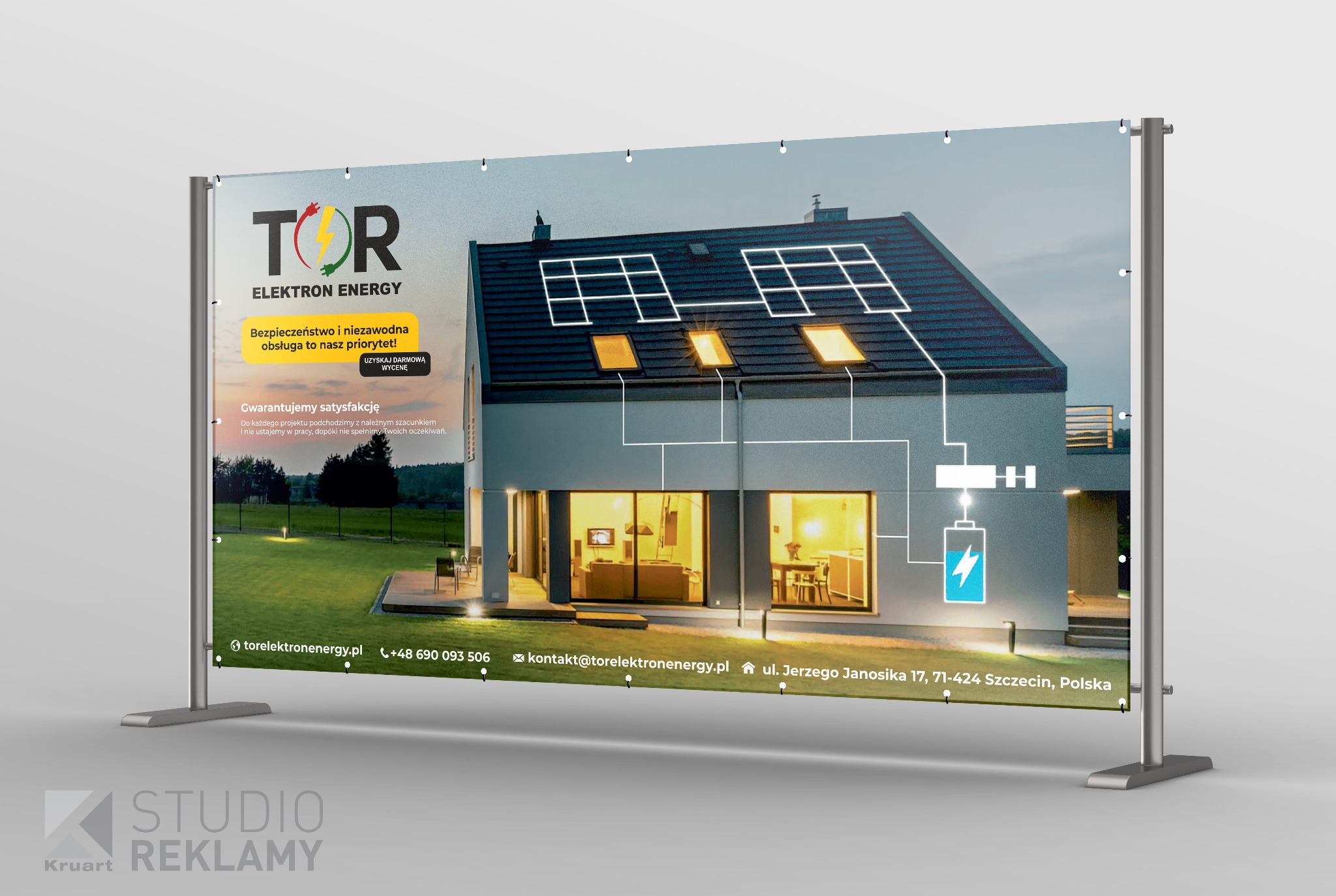 Baner reklamowy firmy TOR Elektron Energy, prezentujący dom z panelami słonecznymi i schematem instalacji elektrycznej z adresem w Szczecinie.