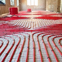 Envi-Technik Przemysław Ruszczyński - Czerwone rury ogrzewania podłogowego ułożone na białej macie w surowym wnętrzu z oknami. Widoczne zwoje rur i surowy betonowy strop.