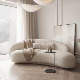 Aleksandra Ciesielska Architektura - Neutralna aranżacja wnętrza: sofa boucle z poduszkami i pledem, stolik z dekoracjami, parkiet w jodełkę, lampy wiszące i obraz w ramie. Stonowana kolorystyka, minimalistyczny styl.