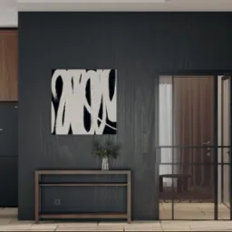 Nowoczesne wnętrze: czarna ściana z abstrakcyjnym obrazem, drewniany stolik z wazonem, czarna lodówka LG i przeszklone drzwi w metalowej ramie, półka z dekoracjami.