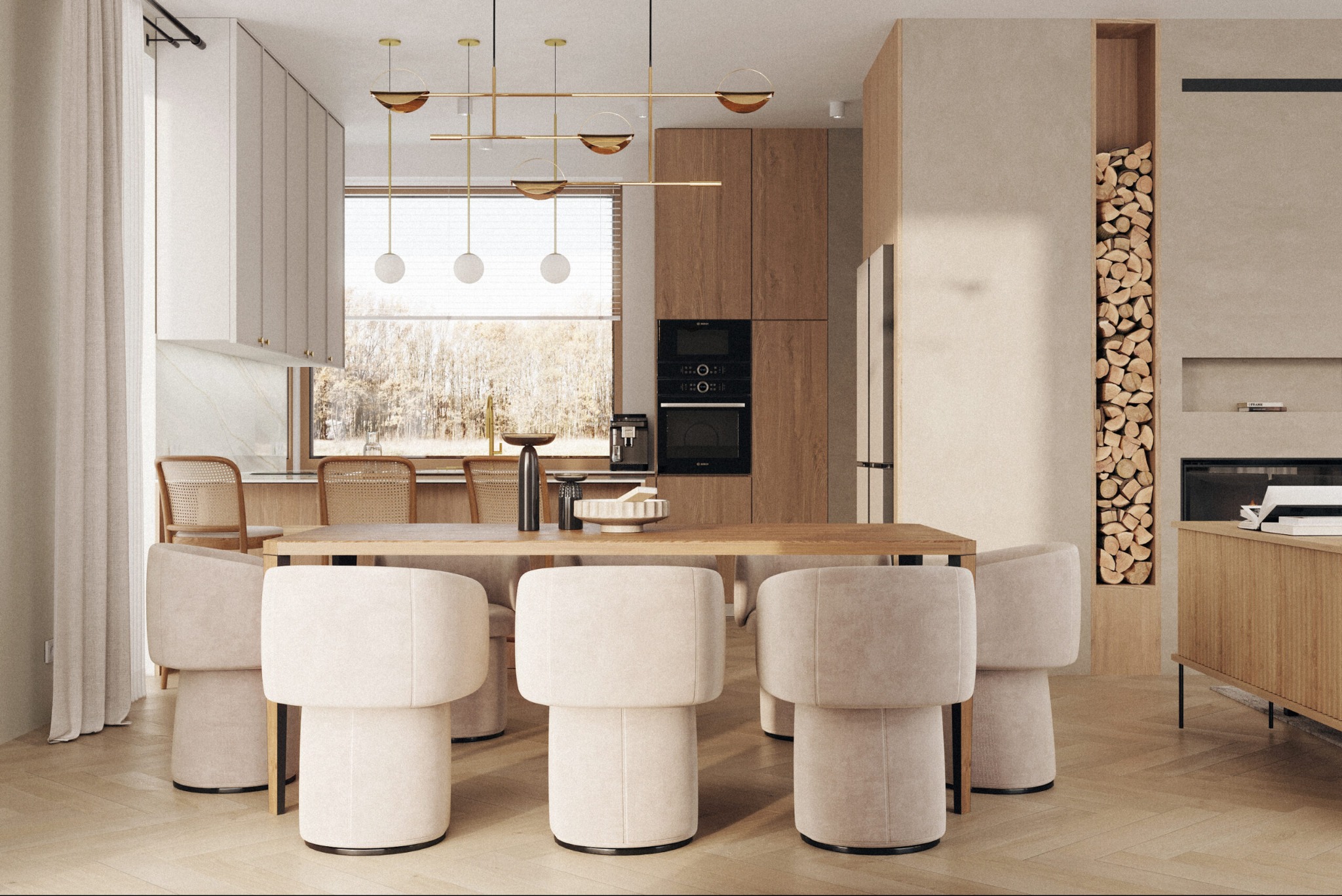 Jasne, przestronne wnętrze jadalni z drewnianym stołem i beżowymi krzesłami. W tle widoczna kuchnia z oknem i drewniane szafki. Minimalistyczny design z akcentami drewna i złota.