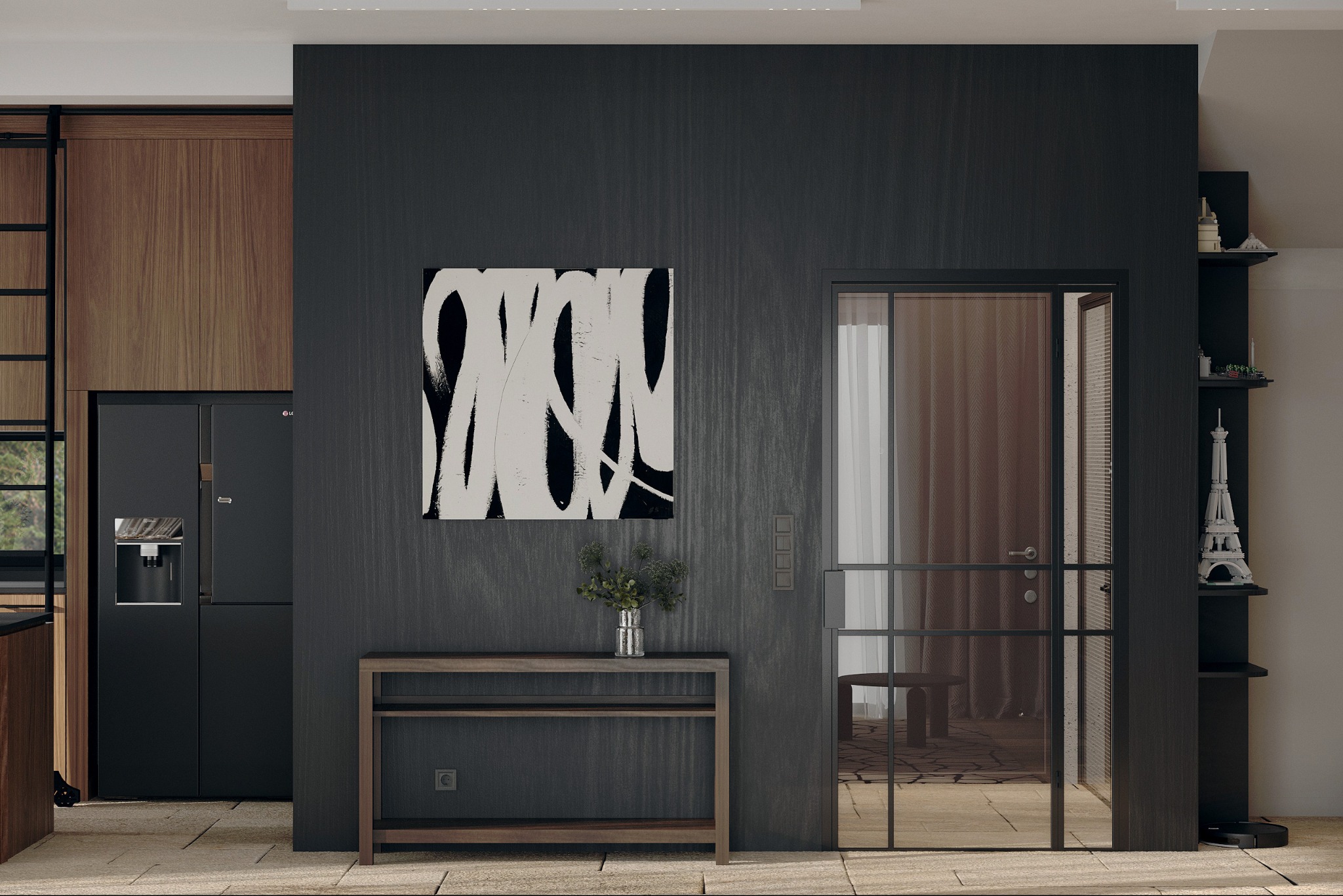 Nowoczesne wnętrze: czarna ściana z abstrakcyjnym obrazem, drewniany stolik z wazonem, czarna lodówka LG i przeszklone drzwi w metalowej ramie, półka z dekoracjami.
