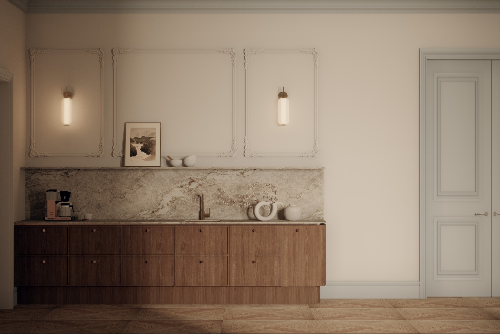 Elegancka kuchnia z drewnianymi szafkami i marmurowym blatem, oświetlona lampami ściennymi w ozdobnych ramach. Uwagę przykuwa minimalistyczny design i jasna kolorystyka.