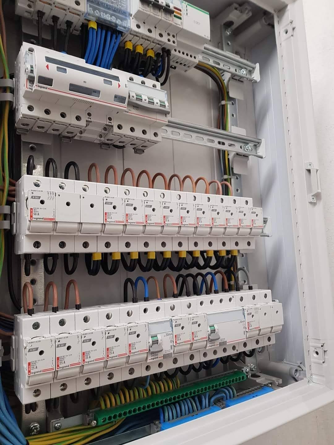 Rozdzielnia elektryczna Legrand z bezpiecznikami 25A i 50A, okablowaniem w kolorach niebieskim, żółto-zielonym i brązowym, zamontowana w białej obudowie.