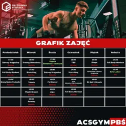 Grafik zajęć fitness z Politechniki Bydgoskiej: poniedziałek-sobota, różne treningi (np. zdrowy kręgosłup, stretching, joga) prowadzone przez różnych instruktorów.