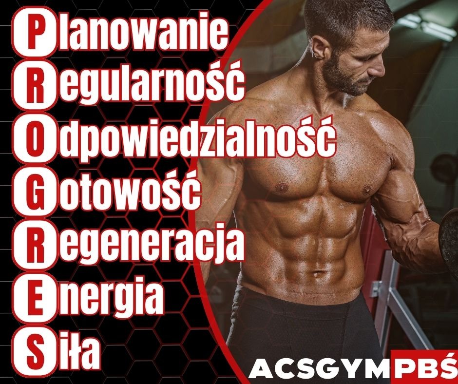 Plakat motywacyjny ACSGYMPBS z muskularnym mężczyzną podnoszącym ciężar, akcentujący hasła: Planowanie, Regularność, Odpowiedzialność, Gotowość, Regeneracja, Energia, Siła.