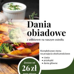 Projekt ulotki promocyjnej – kuchnia domowa / catering. Autorski projekt ulotki reklamowej dla lokalnej gastronomii oferującej domowe obiady z odbiorem na osiedlu. Ulotka została zaprojektowana z myślą o czytelności i skutecznej komunikacji z klientem.