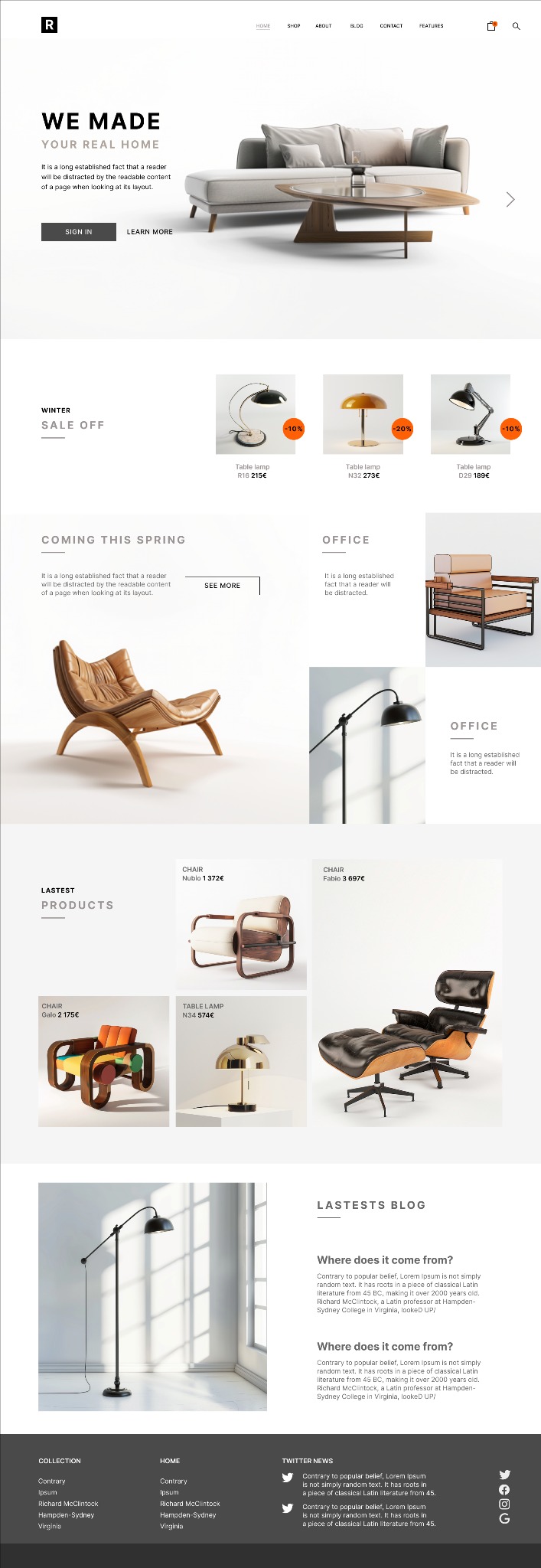 Strona sklepu meblowego – design Figma. Minimalizm, sekcje z produktami i blogiem. Estetyka + UX. Projekt responsywny.