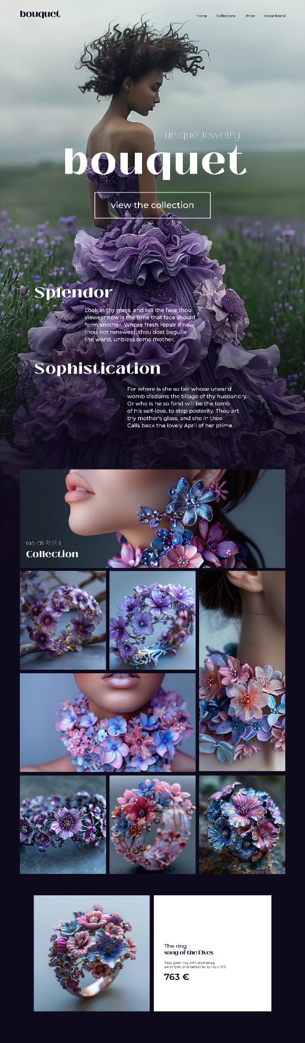 Strona kolekcji biżuterii – design Figma. Elegancja, pastelowe kolory, emocje, CTA i galeria. Projekt z myślą o UX.