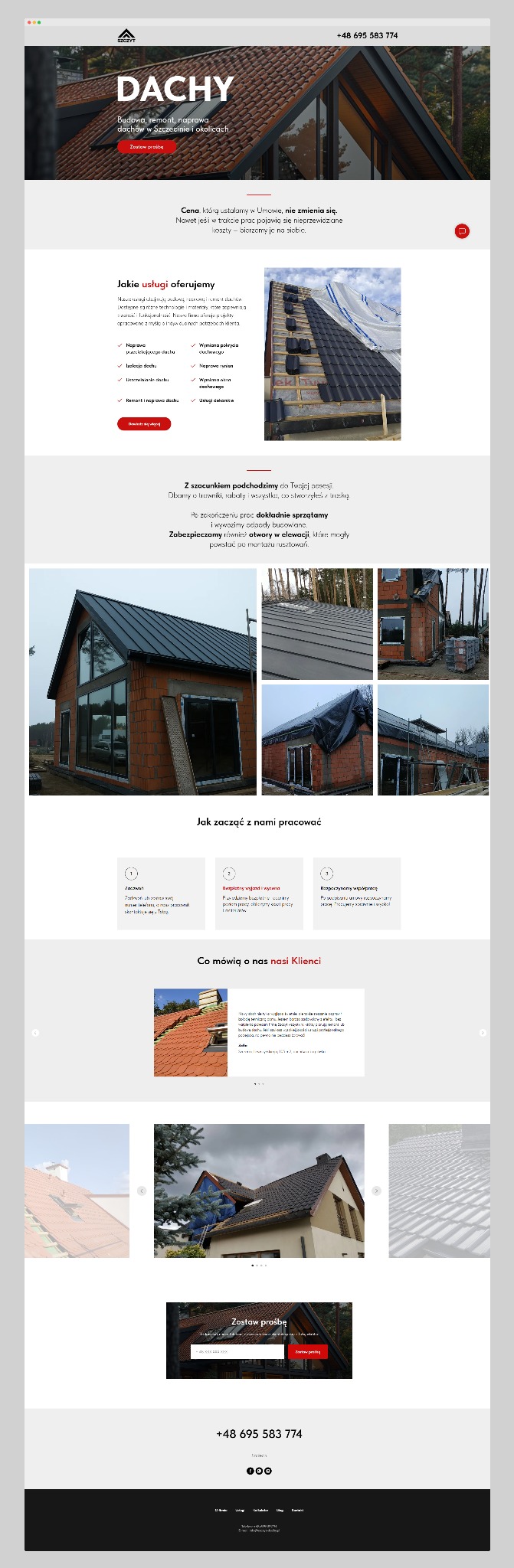 Responsywna strona internetowa firmy dekarskiej Szczyt Sp. z o.o. z Szczecina, prezentująca budowę i remonty dachów. Widoczne fragmenty strony, w tym logo i oferta.