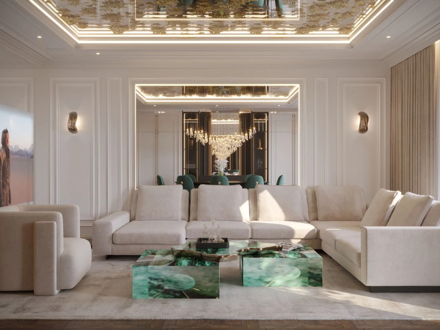 Elegancki salon z beżową sofą narożną i stolikiem z zielonego szkła. W tle widoczna jadalnia z kryształowym żyrandolem i dekoracyjny sufit z oświetleniem LED.