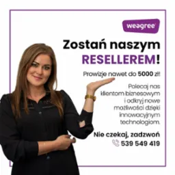 Kobieta w czarnej koszuli promuje program partnerski Weagree. Fioletowe logo i tekst zachęcają do zostania resellerem z prowizją do 5000 zł. Numer telefonu kontaktowego.
