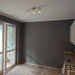 Szare ściany w pokoju z balkonem i drewnopodobną podłogą. Widoczne rury grzewcze i lampa sufitowa. Częściowo widoczna zabudowa kuchenna.