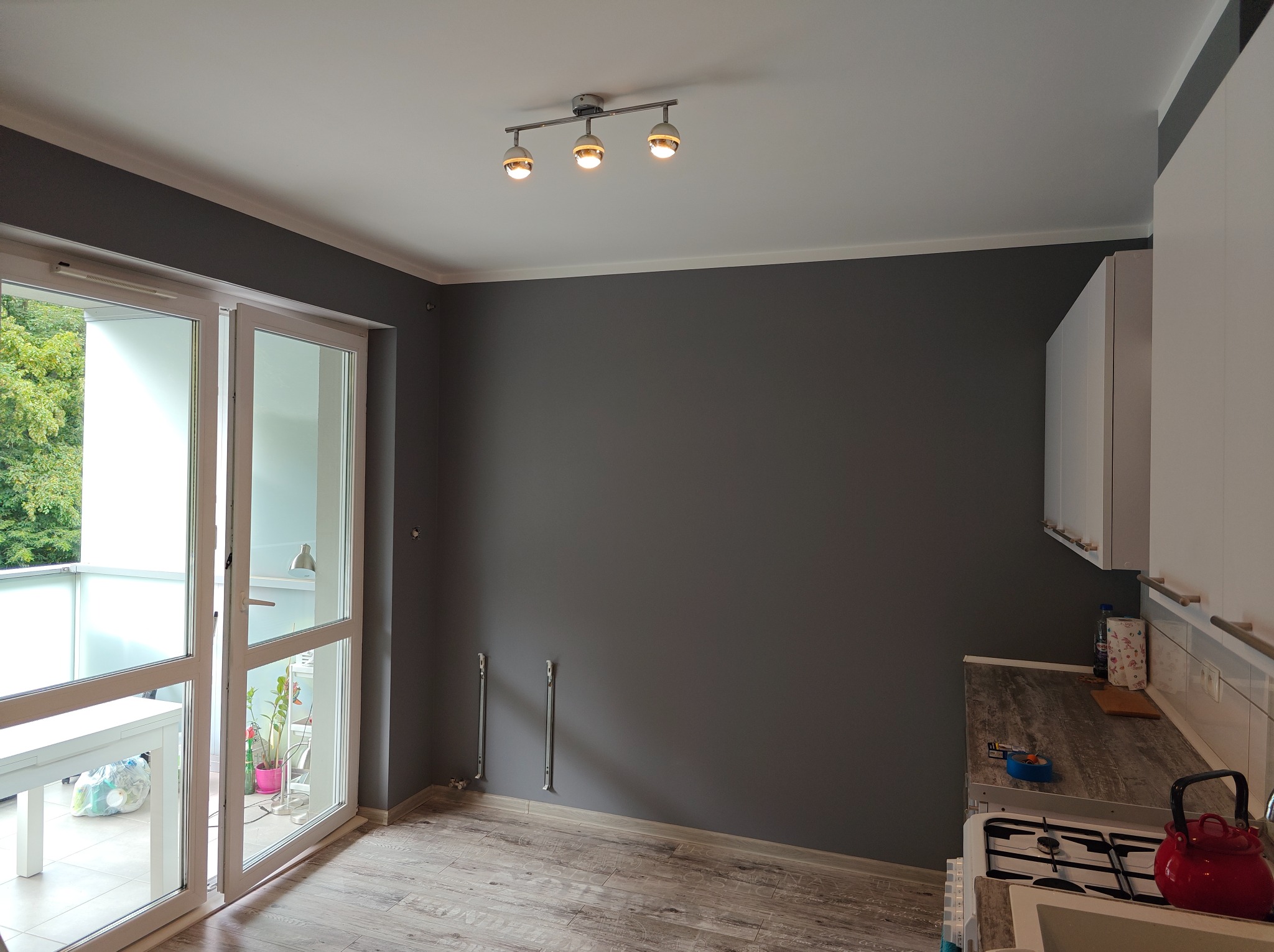 Szare ściany w pokoju z balkonem i drewnopodobną podłogą. Widoczne rury grzewcze i lampa sufitowa. Częściowo widoczna zabudowa kuchenna.