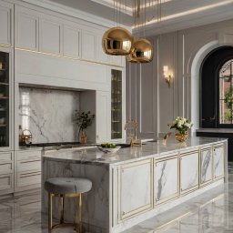 Ściana Stylu - Luksusowa kuchnia w bieli i złocie: marmurowe blaty, wyspa z barkiem, złote lampy kuliste, eleganckie szafki i okno łukowe. Nowoczesny design z klasycznymi akcentami.