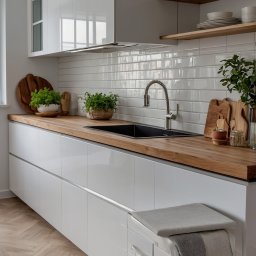 Ściana Stylu - Jasna kuchnia z białymi, błyszczącymi szafkami, drewnianym blatem, białymi kaflami i ziołami w doniczkach. Minimalistyczny design z akcentami natury.