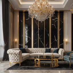 Ściana Stylu - Elegancki salon z narożnikiem Chesterfield, marmurową ścianą i podłogą. Kryształowy żyrandol dodaje luksusu. Złote akcenty w wykończeniu.