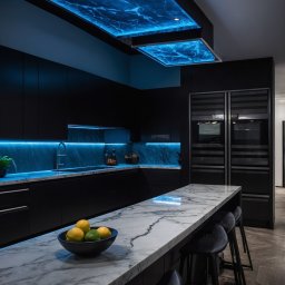 Ściana Stylu - Nowoczesna czarna kuchnia z marmurowym blatem i wyspą. Podświetlenie LED w kolorze niebieskim nadaje wnętrzu unikalny, futurystyczny charakter.