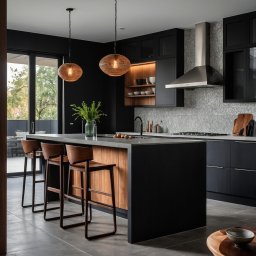 Ściana Stylu - Nowoczesna kuchnia z wyspą o drewnianym wykończeniu i czarnymi szafkami. Nad wyspą wiszą dwie plecione lampy. Minimalistyczny design z roślinami w wazonie.