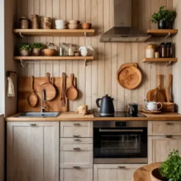 Jasna kuchnia w stylu rustykalnym: drewniane panele, półki z naczyniami, czajnik na płycie, zlew z drewnianą deską do krojenia, naturalne światło.