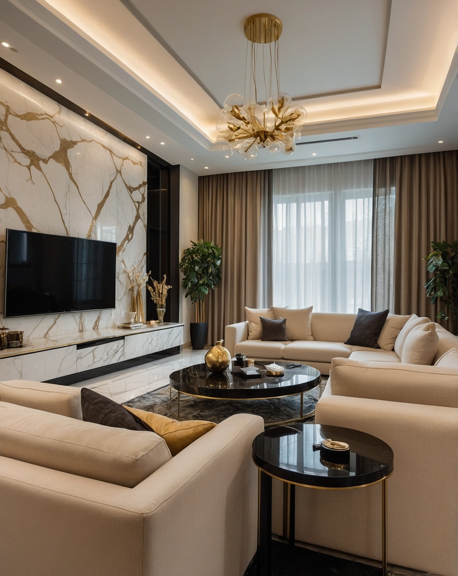 Elegancki salon w Rzeszowie z marmurową ścianą, beżowymi sofami, okrągłymi stolikami i designerskim żyrandolem. Nowoczesne oświetlenie sufitowe.