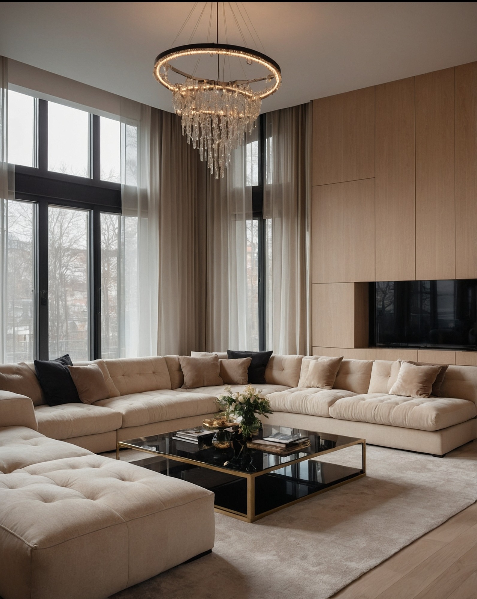 Beżowy narożnik z poduchami i czarnymi akcentami, stolik kawowy z kwiatami, wysokie okna z widokiem na zewnątrz, designerski żyrandol w przestronnym salonie.