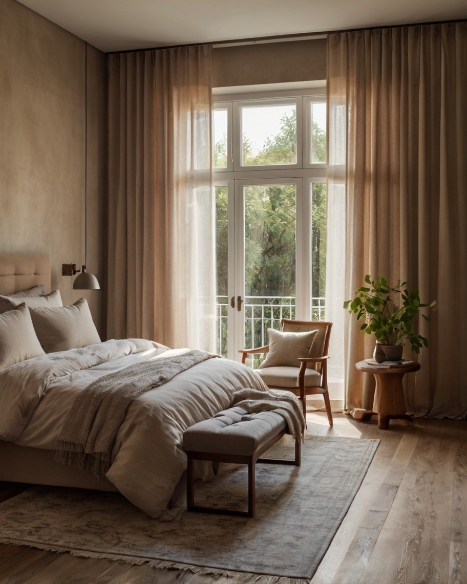 Neutralna sypialnia z łóżkiem, tapicerowaną ławką i drewnianym krzesłem, oświetlona naturalnym światłem wpadającym przez okno z beżowymi zasłonami.