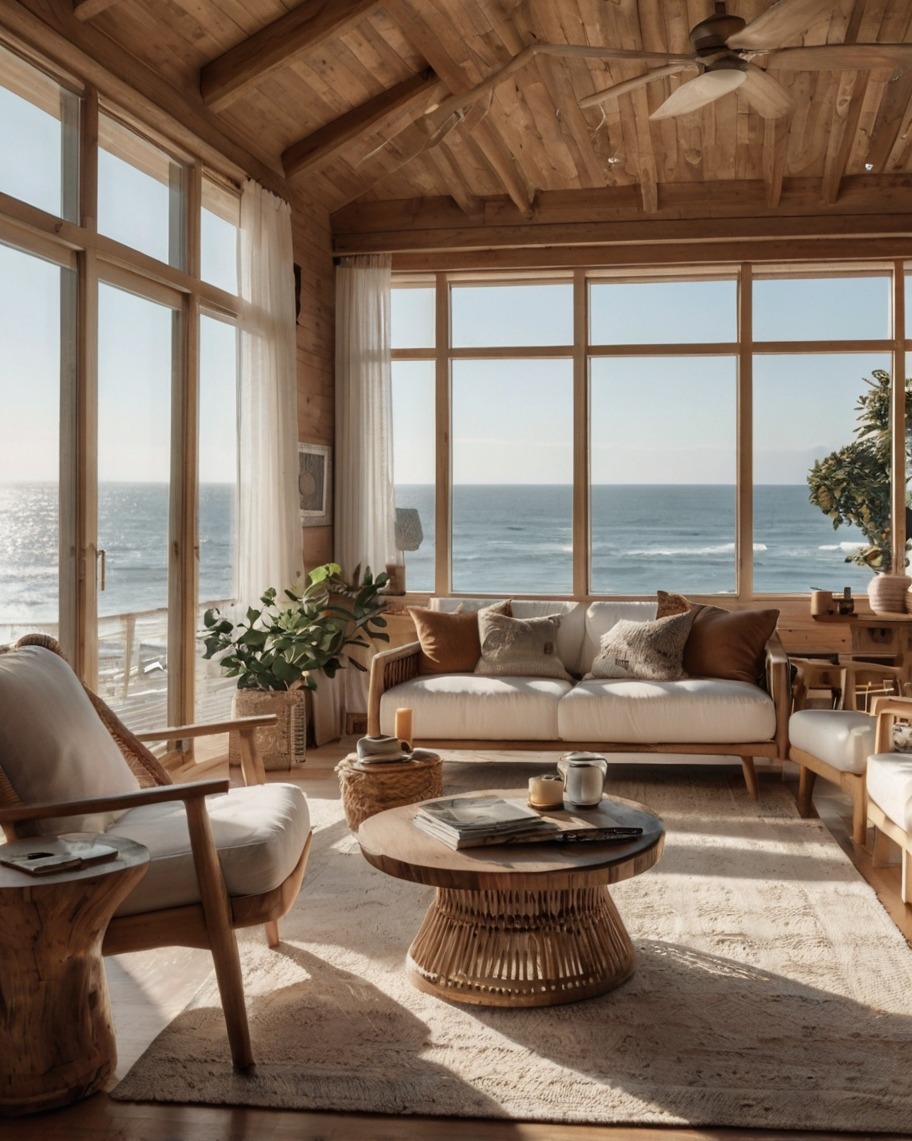 Jasne, przestronne wnętrze w stylu boho z drewnianymi elementami, dużymi oknami z widokiem na morze i rattanowym stolikiem kawowym. Naturalne światło podkreśla przytulny klimat.