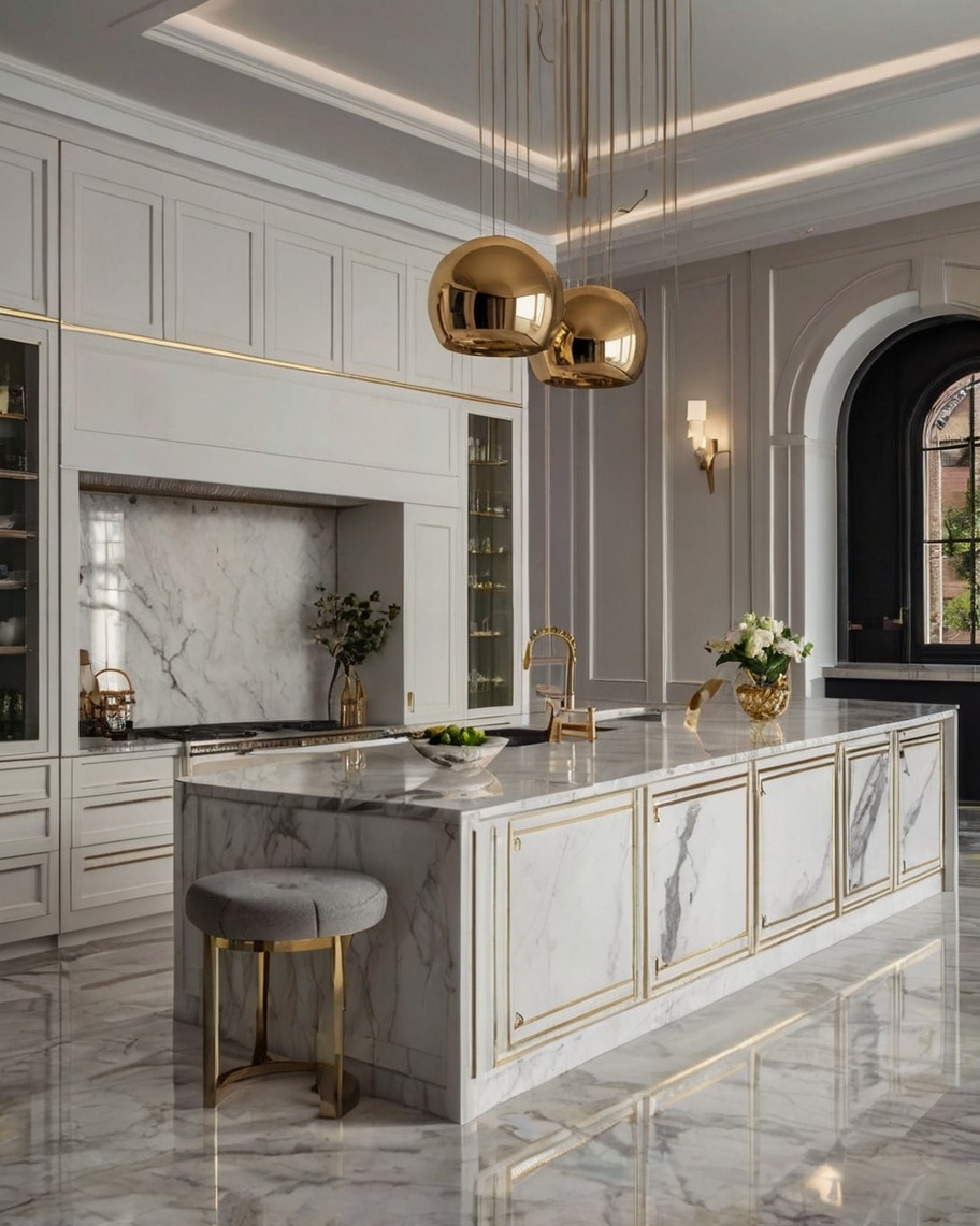 Luksusowa kuchnia w bieli i złocie: marmurowe blaty, wyspa z barkiem, złote lampy kuliste, eleganckie szafki i okno łukowe. Nowoczesny design z klasycznymi akcentami.