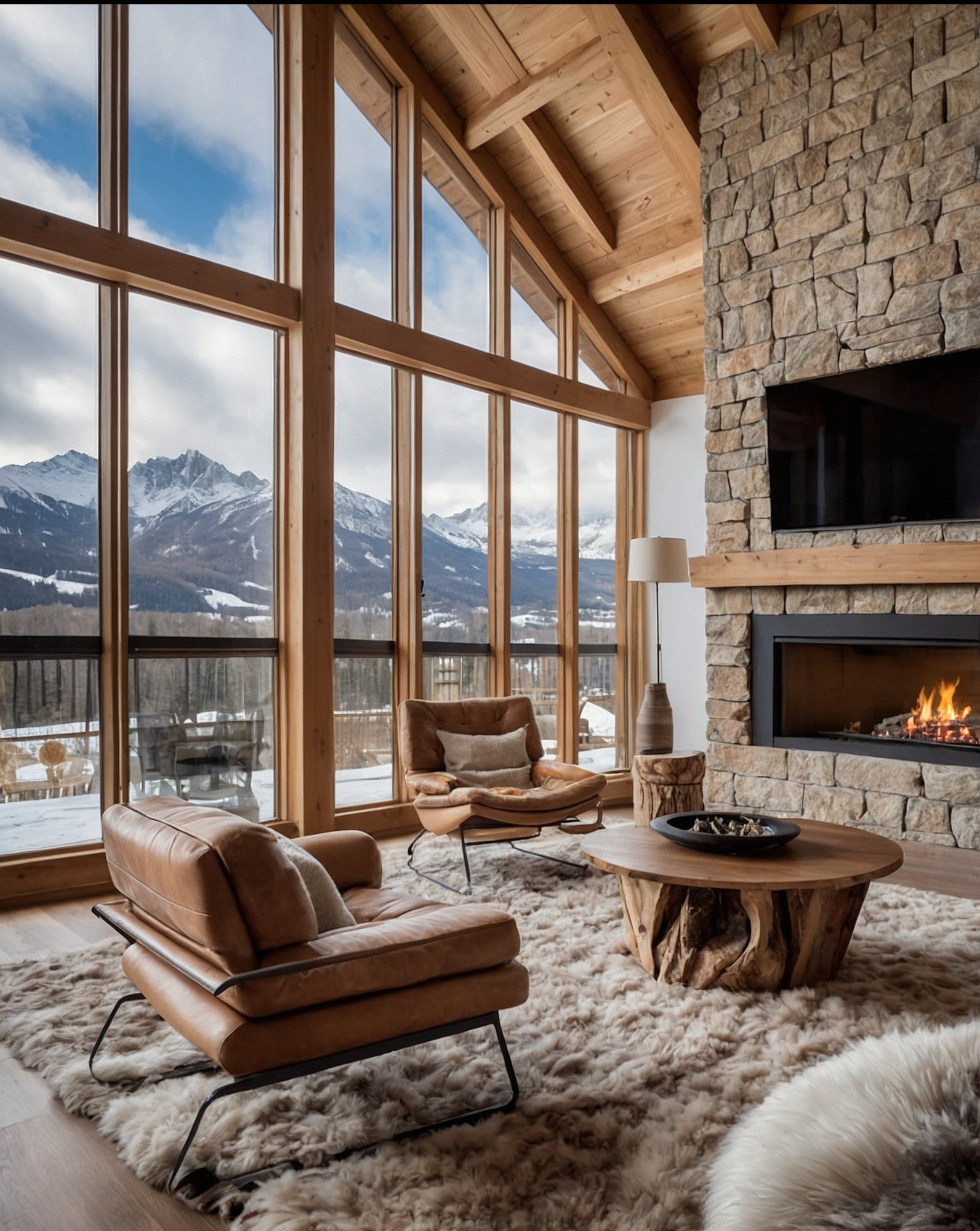 Jasny salon z kamiennym kominkiem i widokiem na góry przez duże okno. Dwa skórzane fotele i unikalny stolik kawowy z drewna.