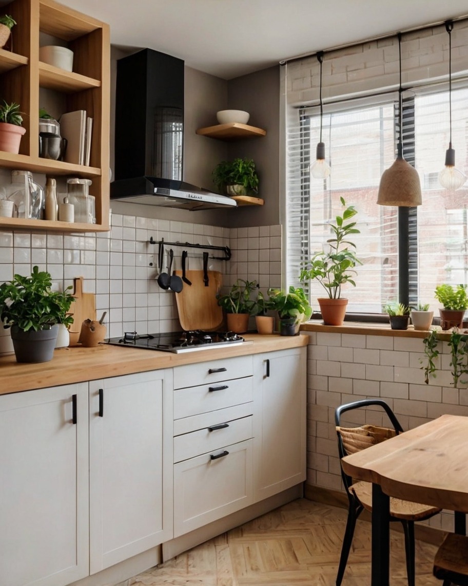Jasna kuchnia w stylu skandynawskim z drewnianymi blatami, białymi szafkami i roślinami doniczkowymi przy oknie. Minimalistyczny design z czarnymi uchwytami.