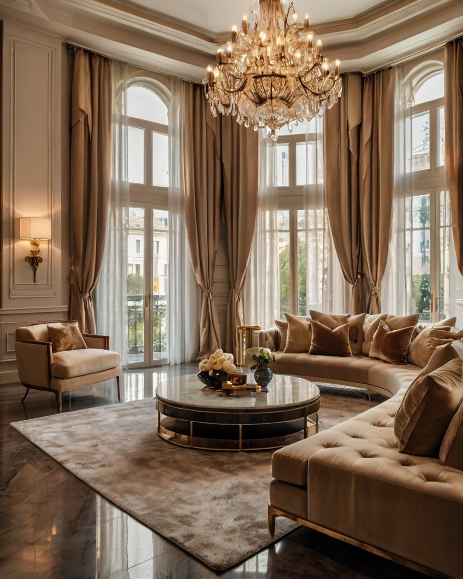 Elegancki salon z beżowymi zasłonami, kryształowym żyrandolem i okrągłym stolikiem kawowym na tle dużych okien w apartamencie.