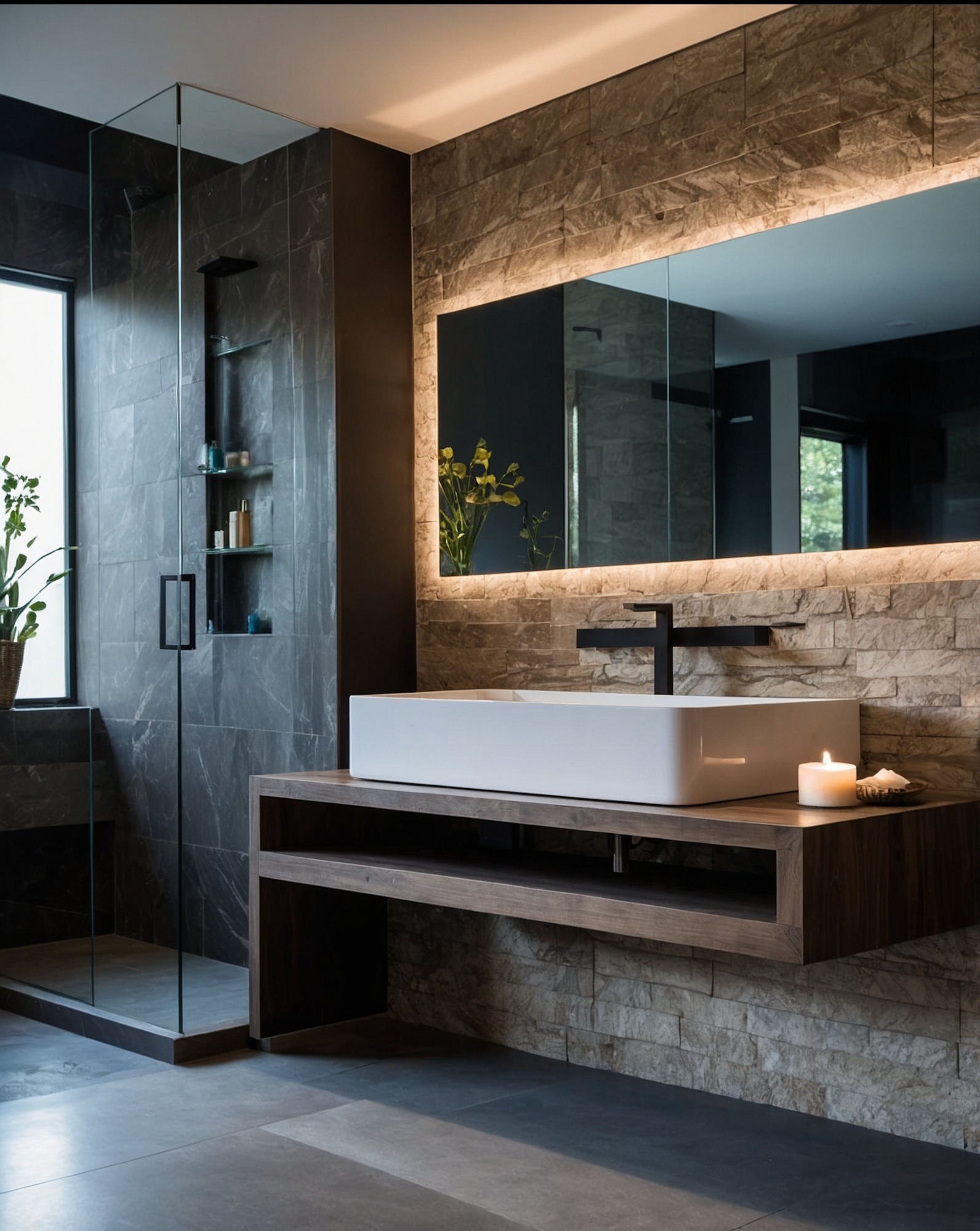 Nowoczesna łazienka z kabiną prysznicową typu walk-in, umywalką nablatową na drewnianym blacie i podświetlanym lustrem. Kamień dekoracyjny na ścianie.