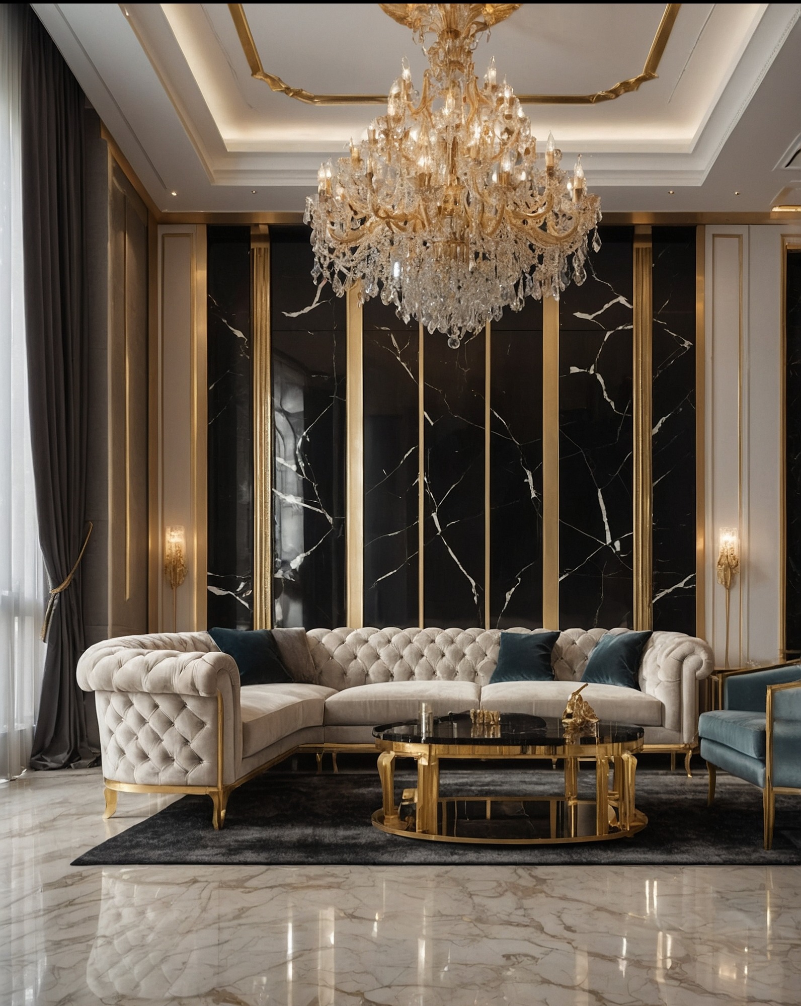 Elegancki salon z narożnikiem Chesterfield, marmurową ścianą i podłogą. Kryształowy żyrandol dodaje luksusu. Złote akcenty w wykończeniu.