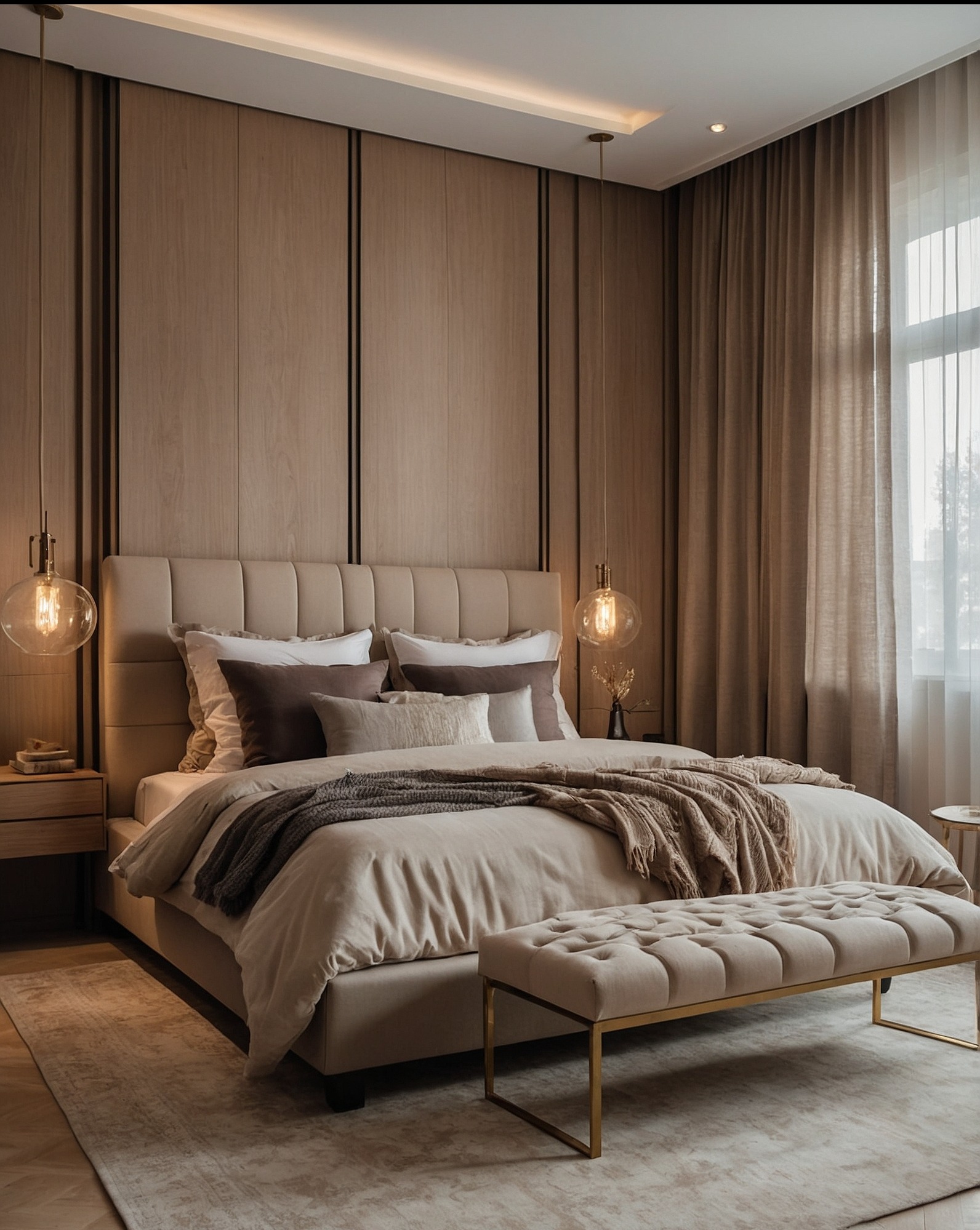 Elegancka sypialnia w beżach: tapicerowane łóżko z zagłówkiem, wiszące lampy, tekstylia i ławka na złotych nogach. Drewniana ściana z czarnymi akcentami.