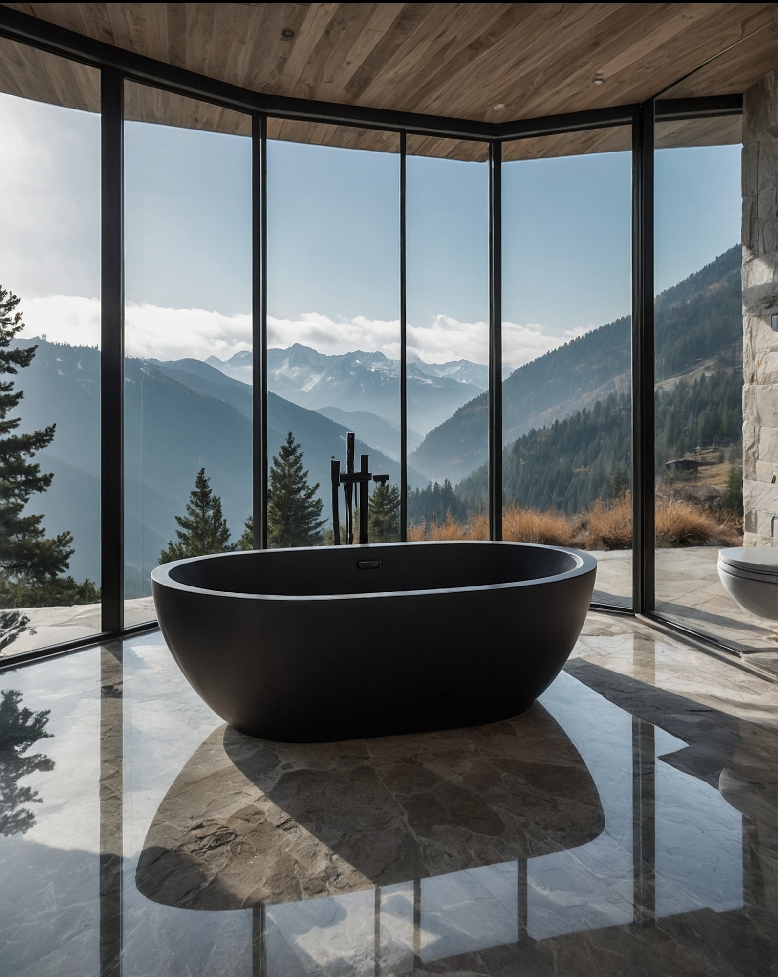 Nowoczesna, czarna wanna owalna na tle panoramicznego okna z widokiem na góry. Minimalistyczna armatura, marmurowa podłoga z refleksami światła.