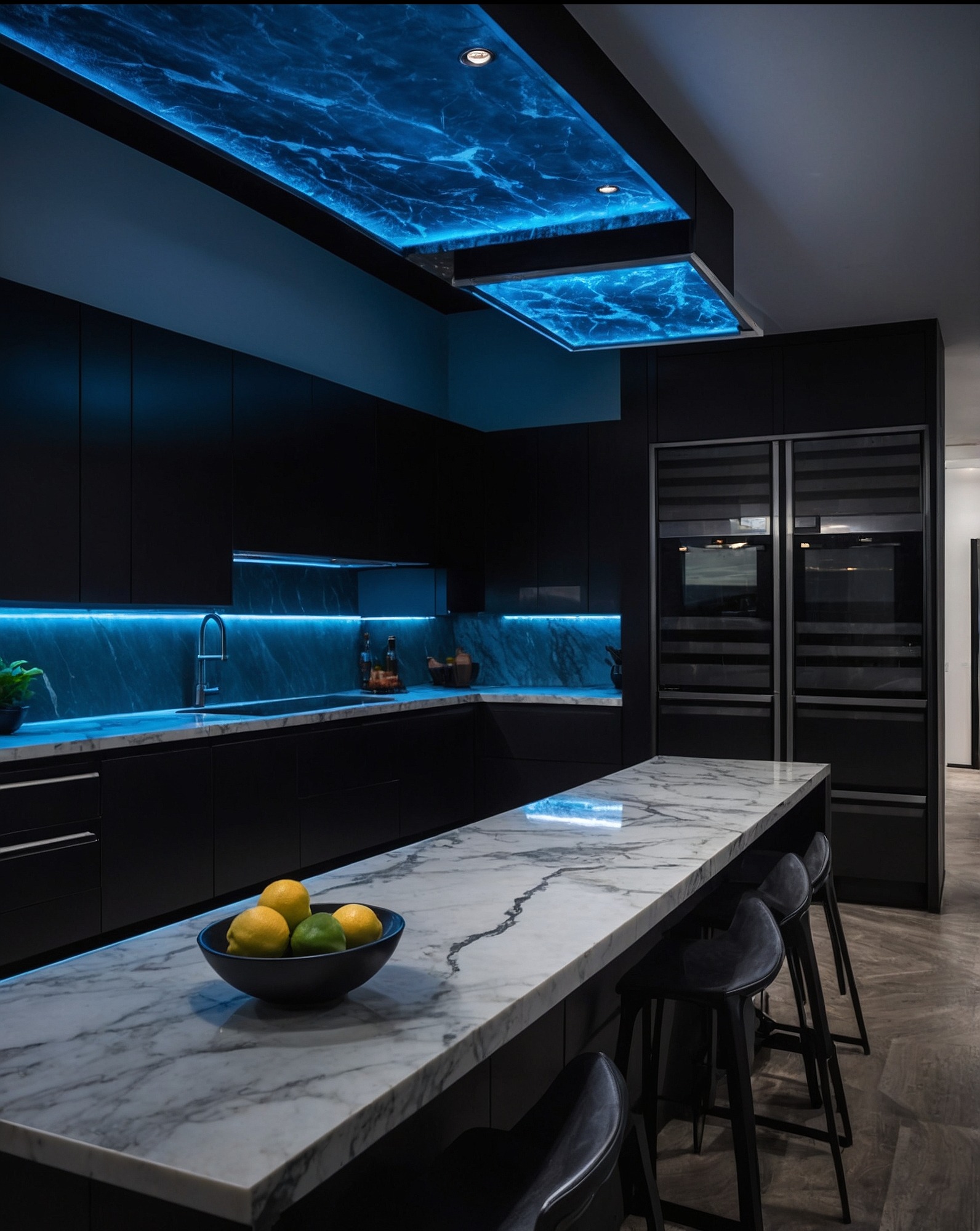 Nowoczesna czarna kuchnia z marmurowym blatem i wyspą. Podświetlenie LED w kolorze niebieskim nadaje wnętrzu unikalny, futurystyczny charakter.